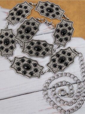 Silver-Tone Western-Inspired Black Stone Link Belt - Women's Accessories